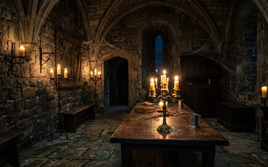 Candlelit interior of old building