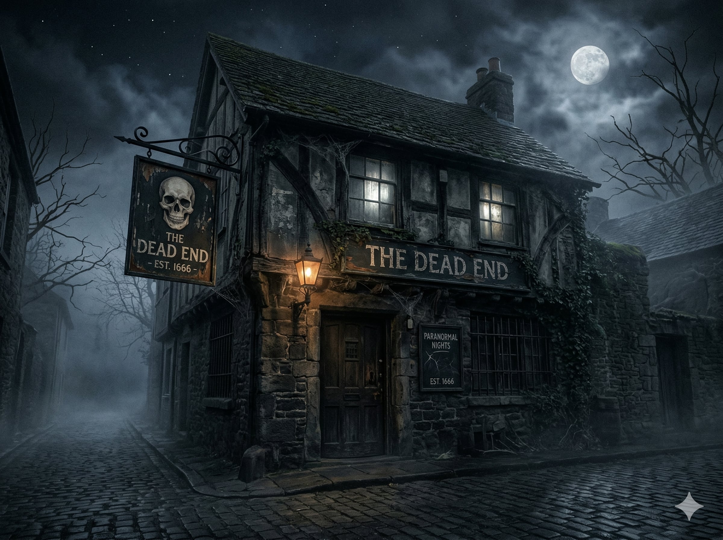 Historic haunted pub at night