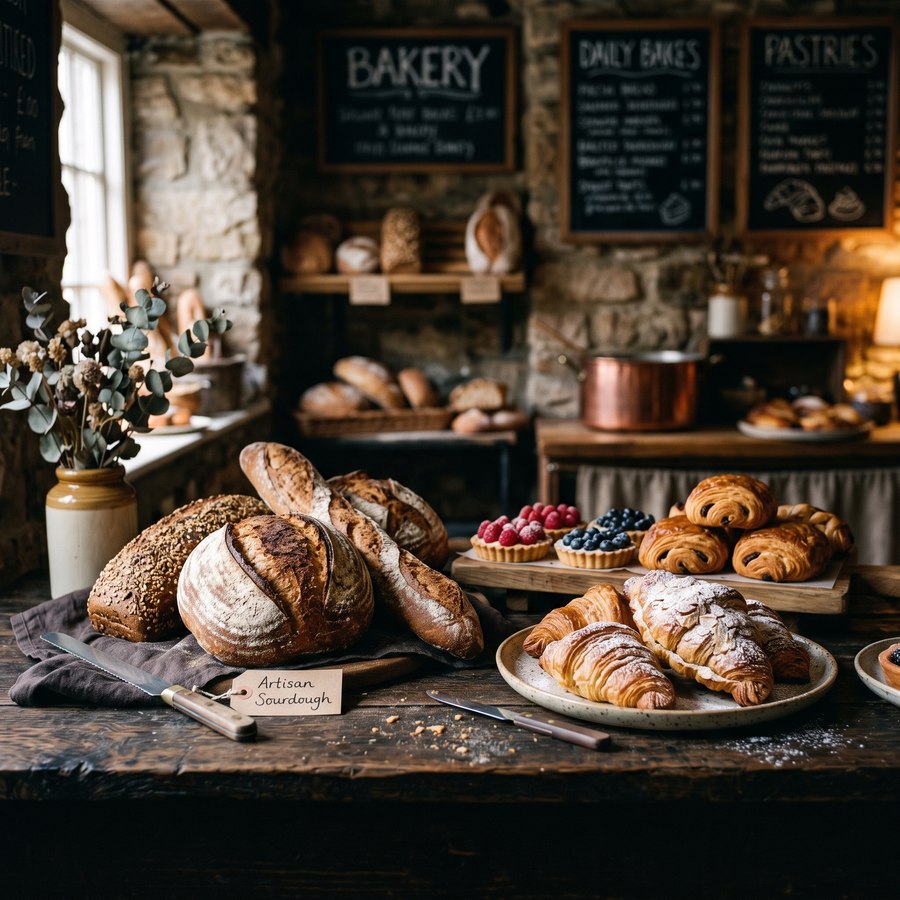 Artisan bread and desserts on display