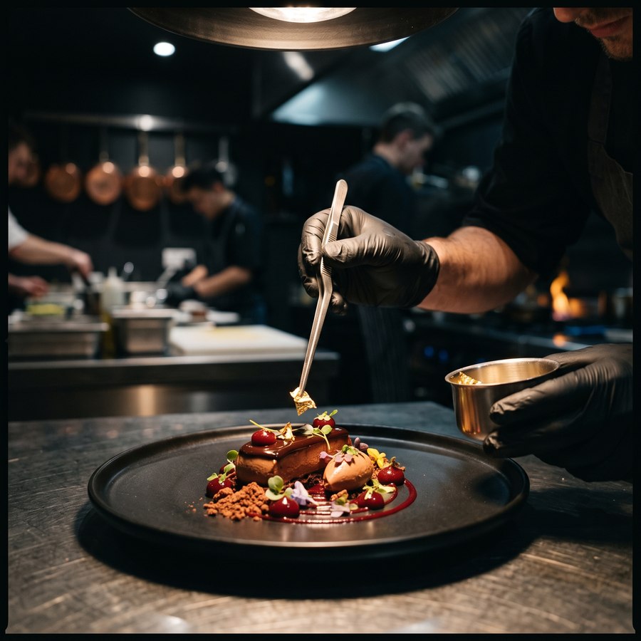 Pastry chef plating a dessert