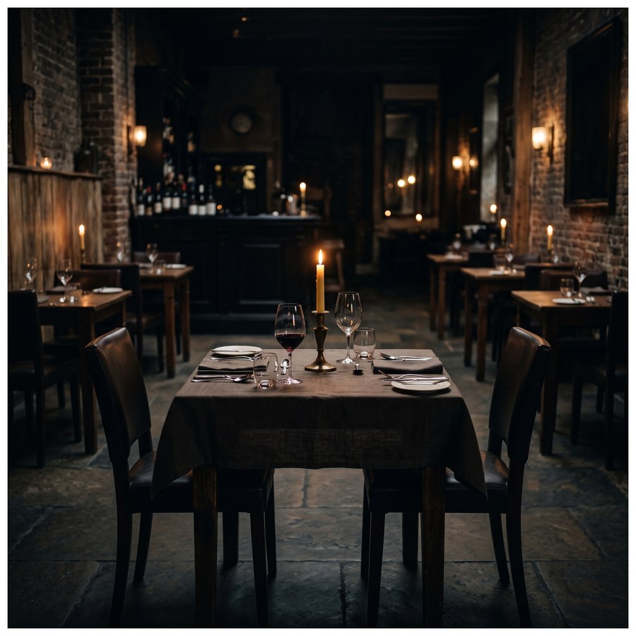 Restaurant interior, candlelit table